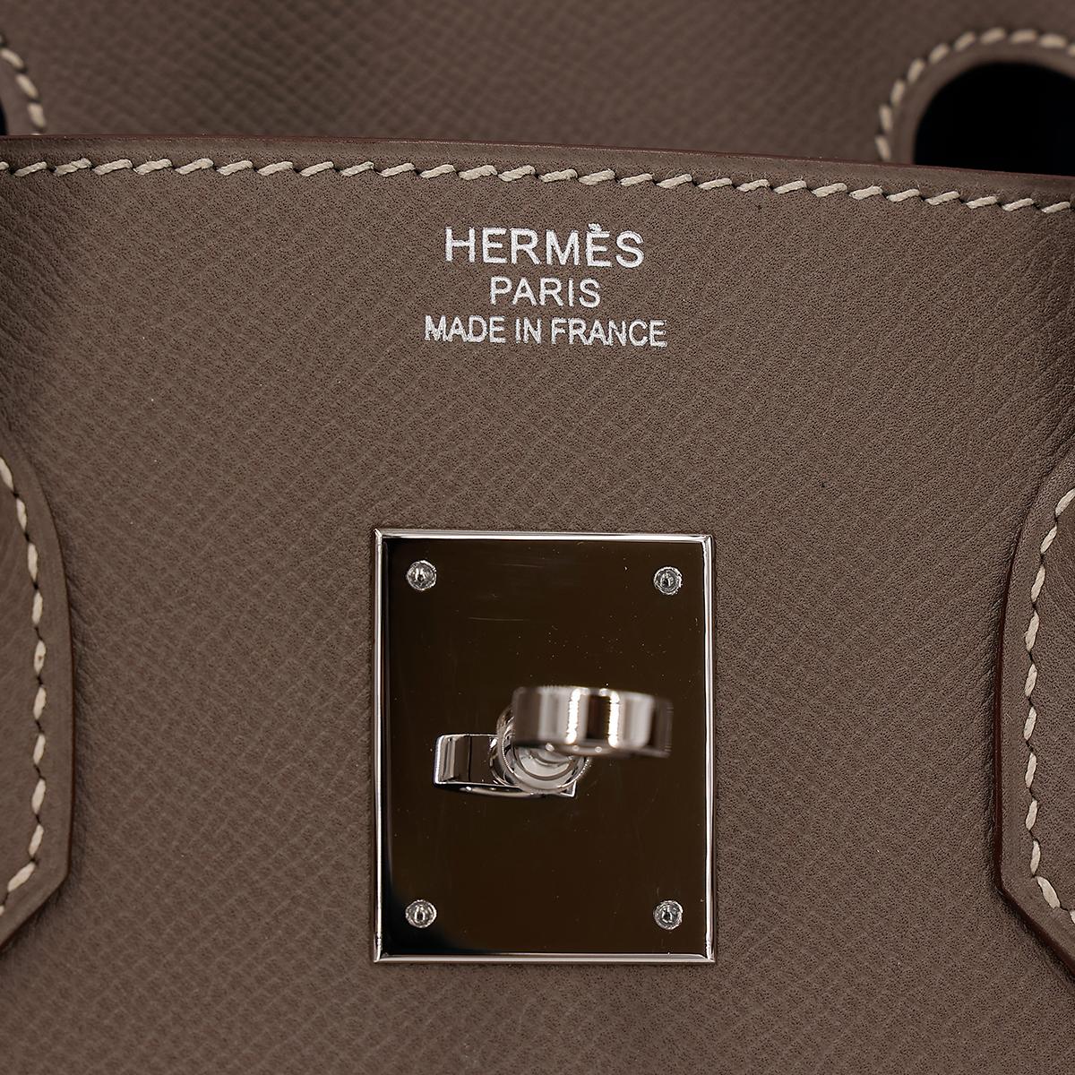 A美品 HERMÈS 爱马仕 Birkin 35 铂金包 8F 锡器灰 Etain 7A 海蓝色 Bleu Thalassa Epsom皮 银扣 □O刻 2011年 - 18
