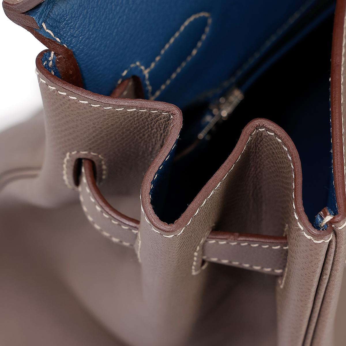 A美品 HERMÈS 爱马仕 Birkin 35 铂金包 8F 锡器灰 Etain 7A 海蓝色 Bleu Thalassa Epsom皮 银扣 □O刻 2011年 - 22