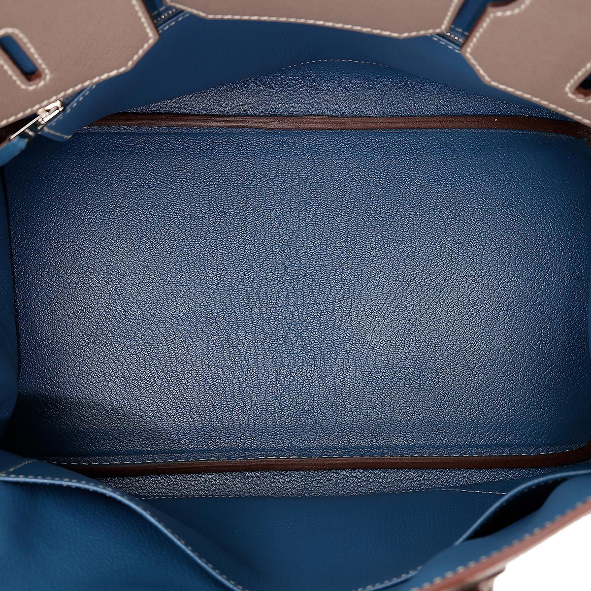 A美品 HERMÈS 爱马仕 Birkin 35 铂金包 8F 锡器灰 Etain 7A 海蓝色 Bleu Thalassa Epsom皮 银扣 □O刻 2011年 - 20