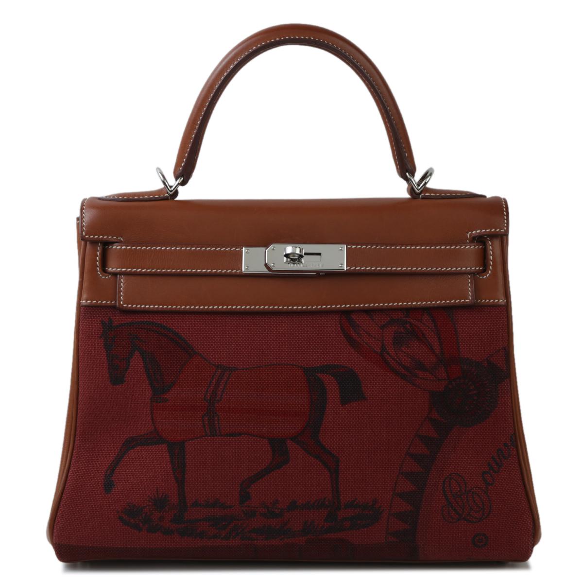 Very Good ( Rank A) HERMÈS Limited Edition Kelly 28 Fauve (34) Barenia Toile H canvas Palladium hardware Square O (2011) - 1