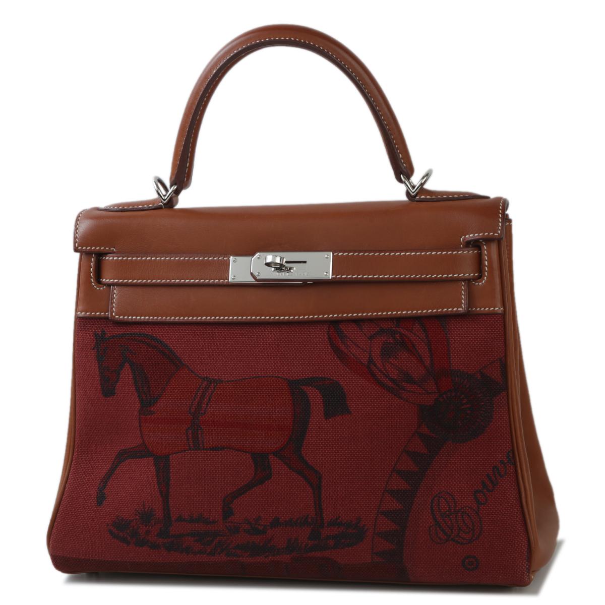 Very Good ( Rank A) HERMÈS Limited Edition Kelly 28 Fauve (34) Barenia Toile H canvas Palladium hardware Square O (2011) - 2