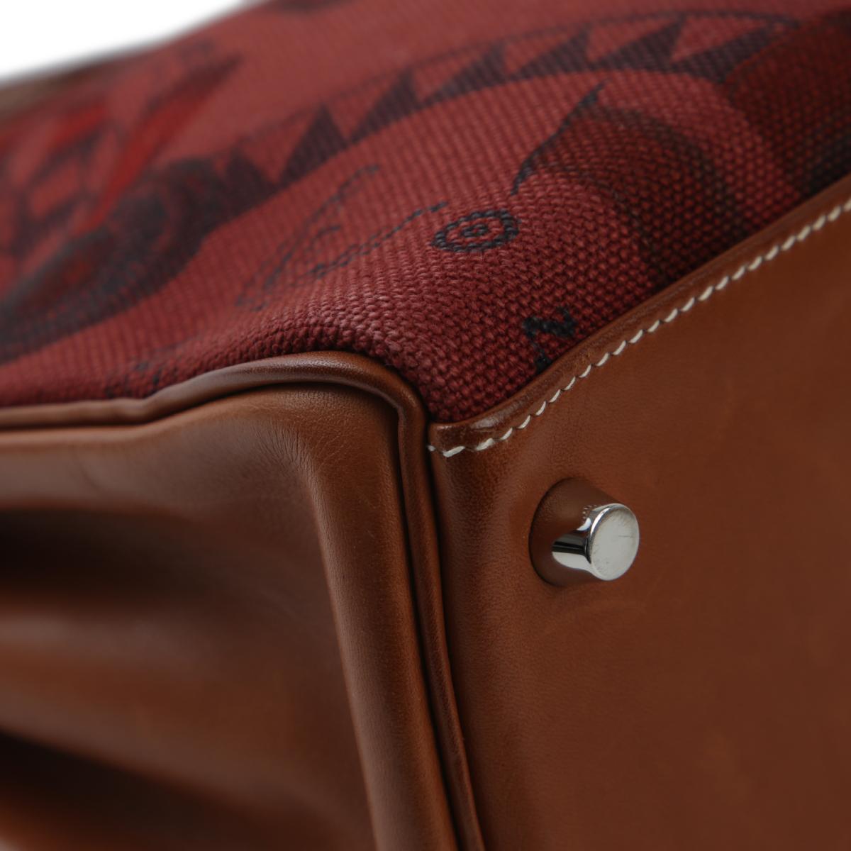 Very Good ( Rank A) HERMÈS Limited Edition Kelly 28 Fauve (34) Barenia Toile H canvas Palladium hardware Square O (2011) - 10