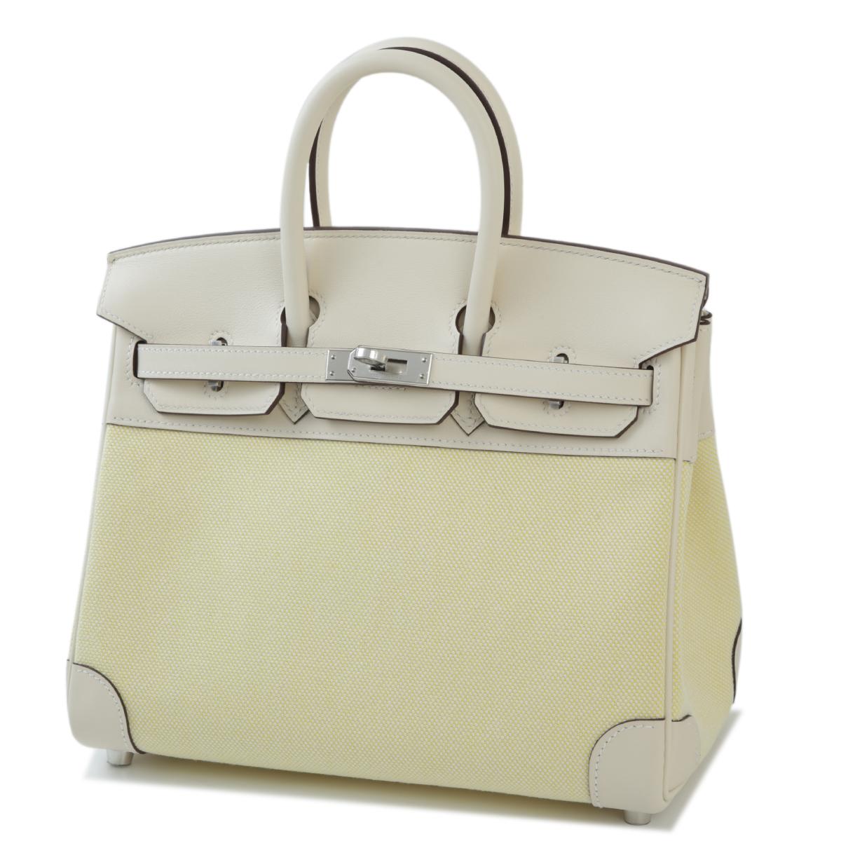 HERMÈS Birkin 25 handbag in Nata and Jaune Poussin Canvas and Swift leather with Palladium hardware - 2