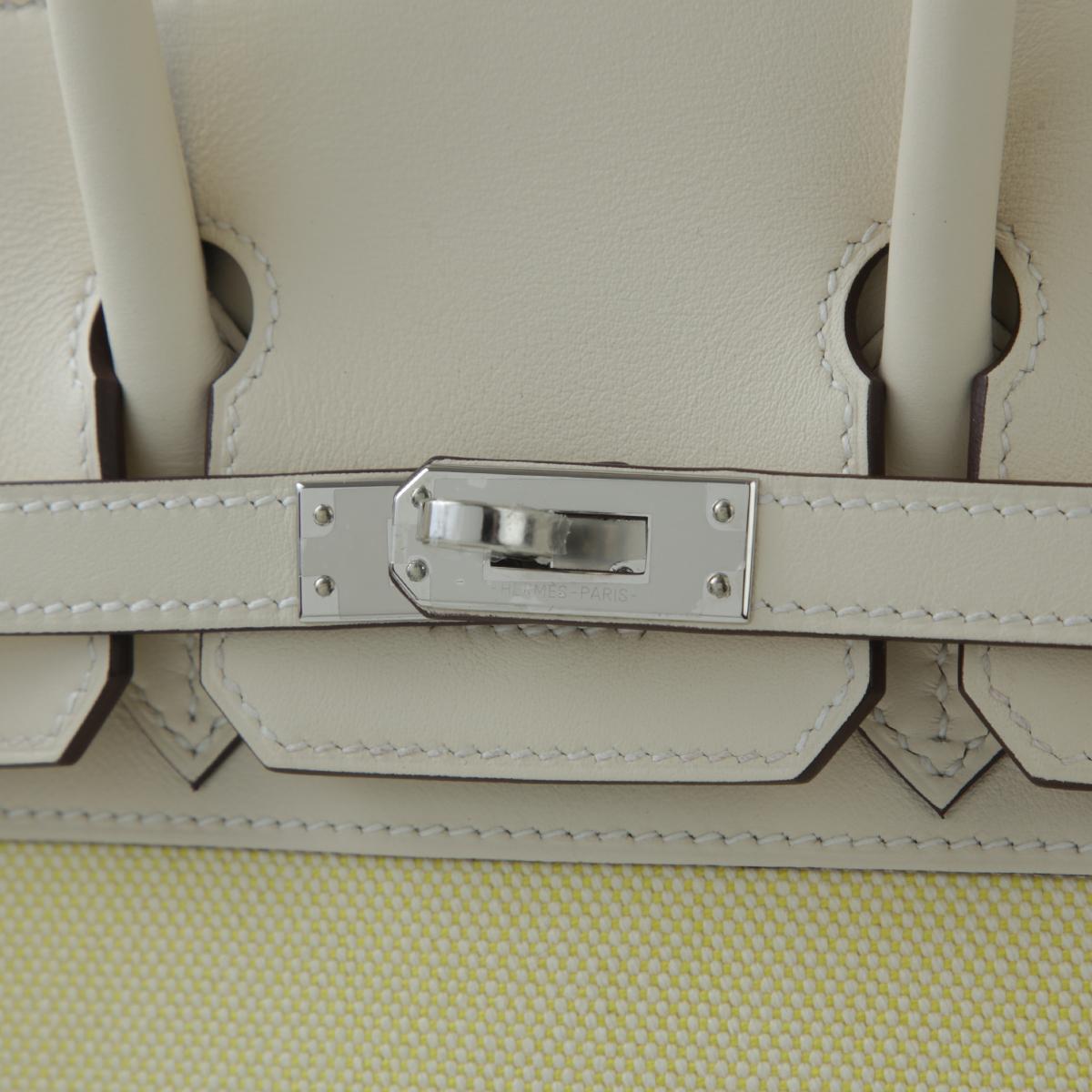 HERMÈS Birkin 25 handbag in Nata and Jaune Poussin Canvas and Swift leather with Palladium hardware - 12