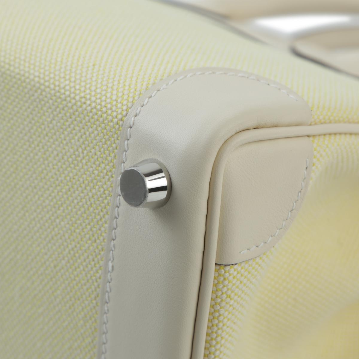 HERMÈS Birkin 25 handbag in Nata and Jaune Poussin Canvas and Swift leather with Palladium hardware - 11