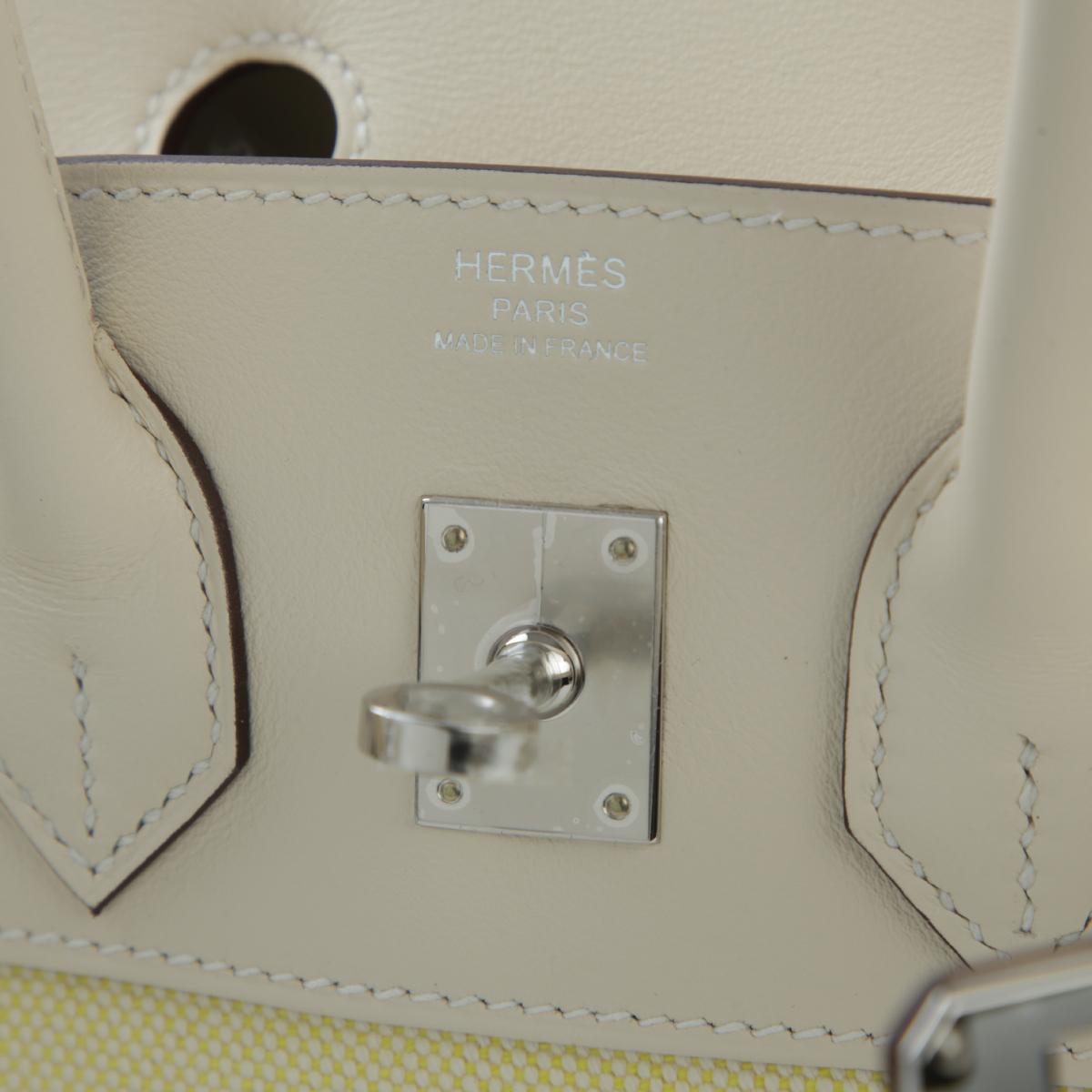 HERMÈS Birkin 25 handbag in Nata and Jaune Poussin Canvas and Swift leather with Palladium hardware - 13