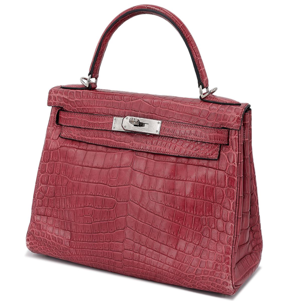 Good ( Rank AB) HERMÈS  Kelly 28 Rouge H (55)Matte Niloticus Crocodile Palladium - 2