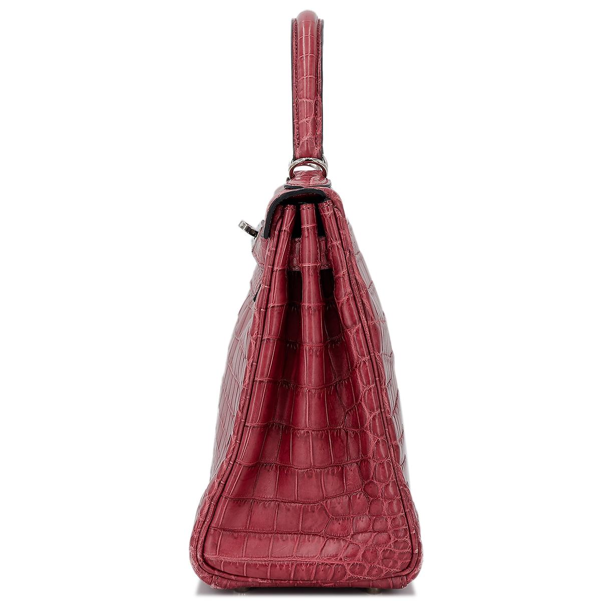 Good ( Rank AB) HERMÈS  Kelly 28 Rouge H (55)Matte Niloticus Crocodile Palladium - 4