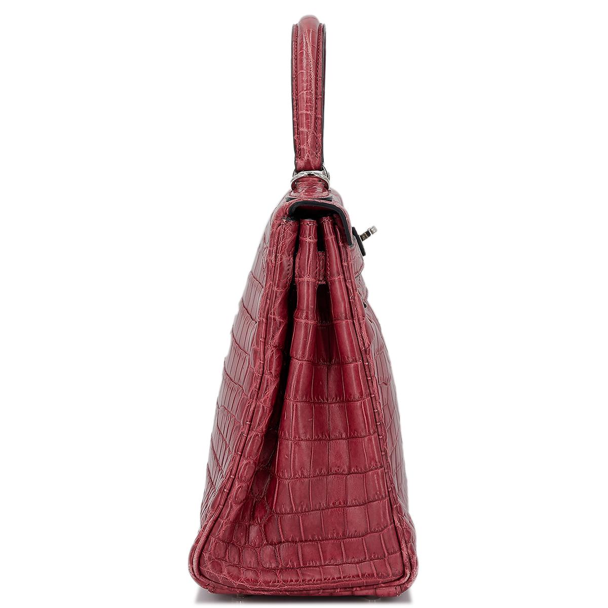 Good ( Rank AB) HERMÈS  Kelly 28 Rouge H (55)Matte Niloticus Crocodile Palladium - 5