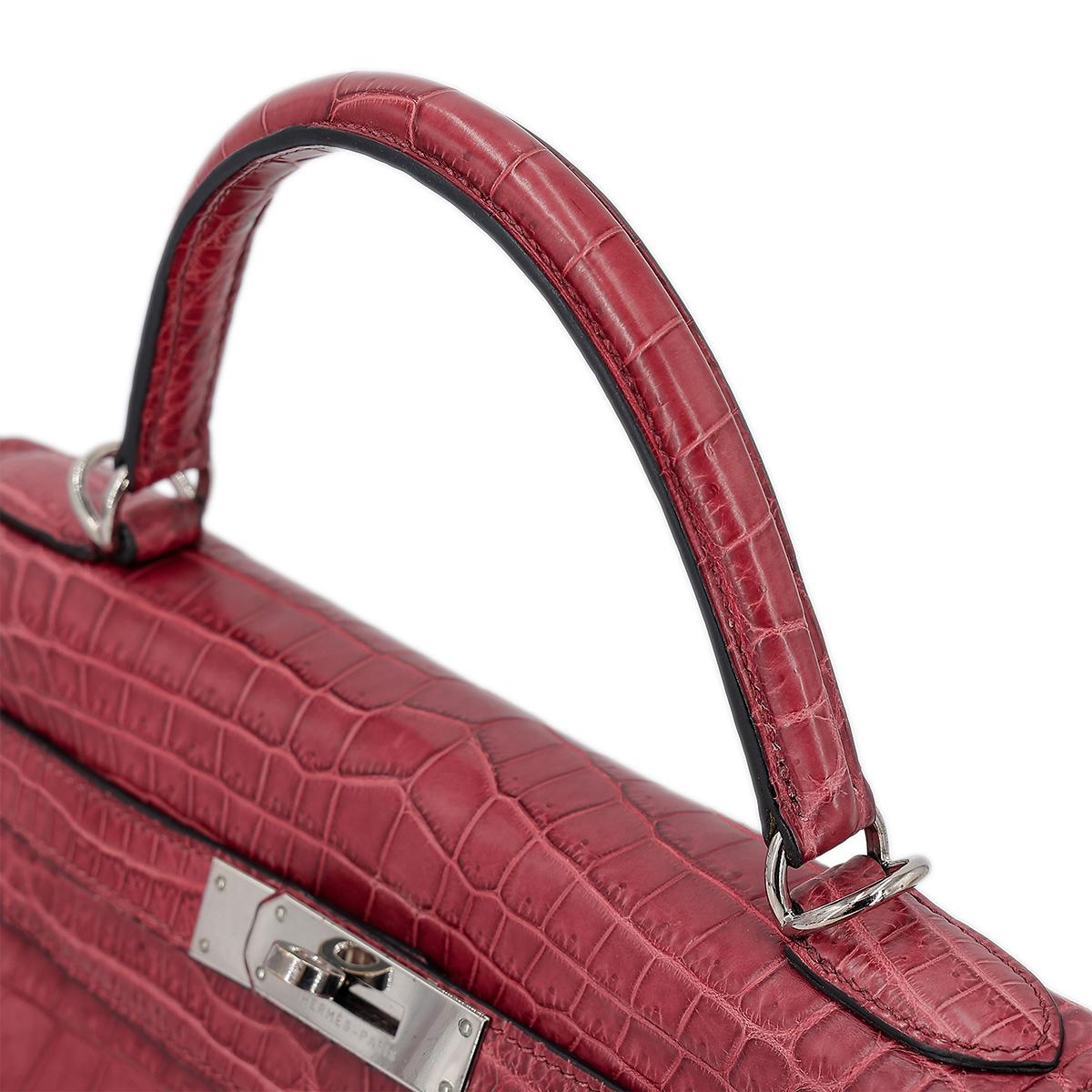 Good ( Rank AB) HERMÈS  Kelly 28 Rouge H (55)Matte Niloticus Crocodile Palladium - 6