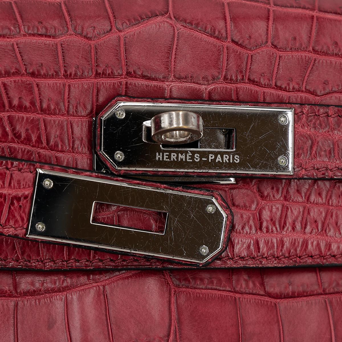 Good ( Rank AB) HERMÈS  Kelly 28 Rouge H (55)Matte Niloticus Crocodile Palladium - 14