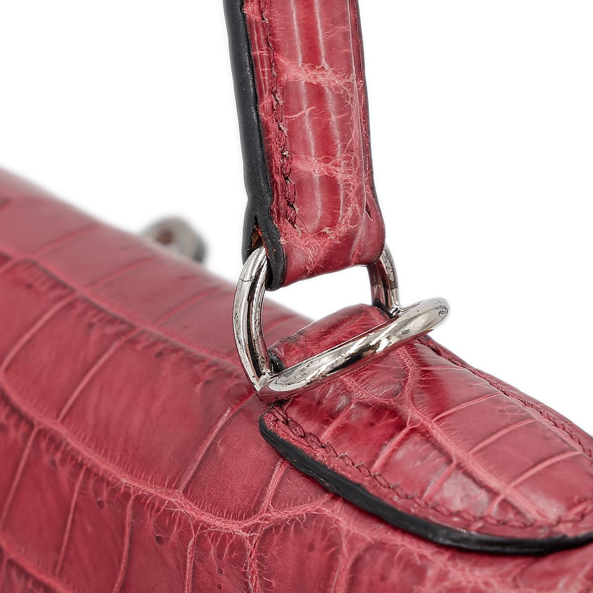 Good ( Rank AB) HERMÈS  Kelly 28 Rouge H (55)Matte Niloticus Crocodile Palladium - 7