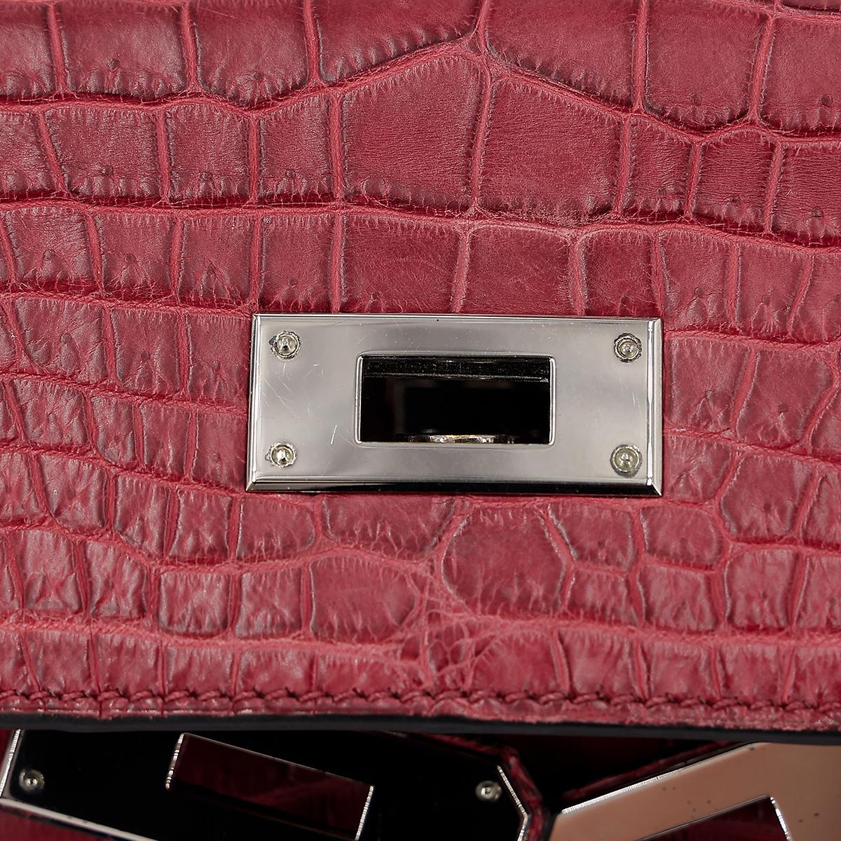 Good ( Rank AB) HERMÈS  Kelly 28 Rouge H (55)Matte Niloticus Crocodile Palladium - 15