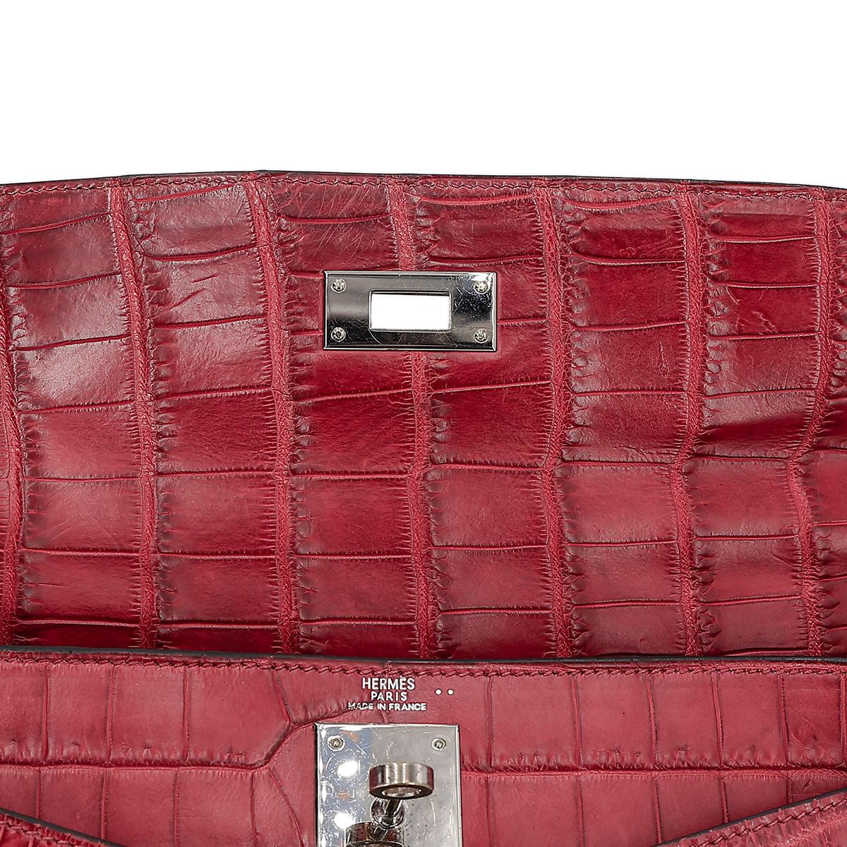 Good ( Rank AB) HERMÈS  Kelly 28 Rouge H (55)Matte Niloticus Crocodile Palladium - 18