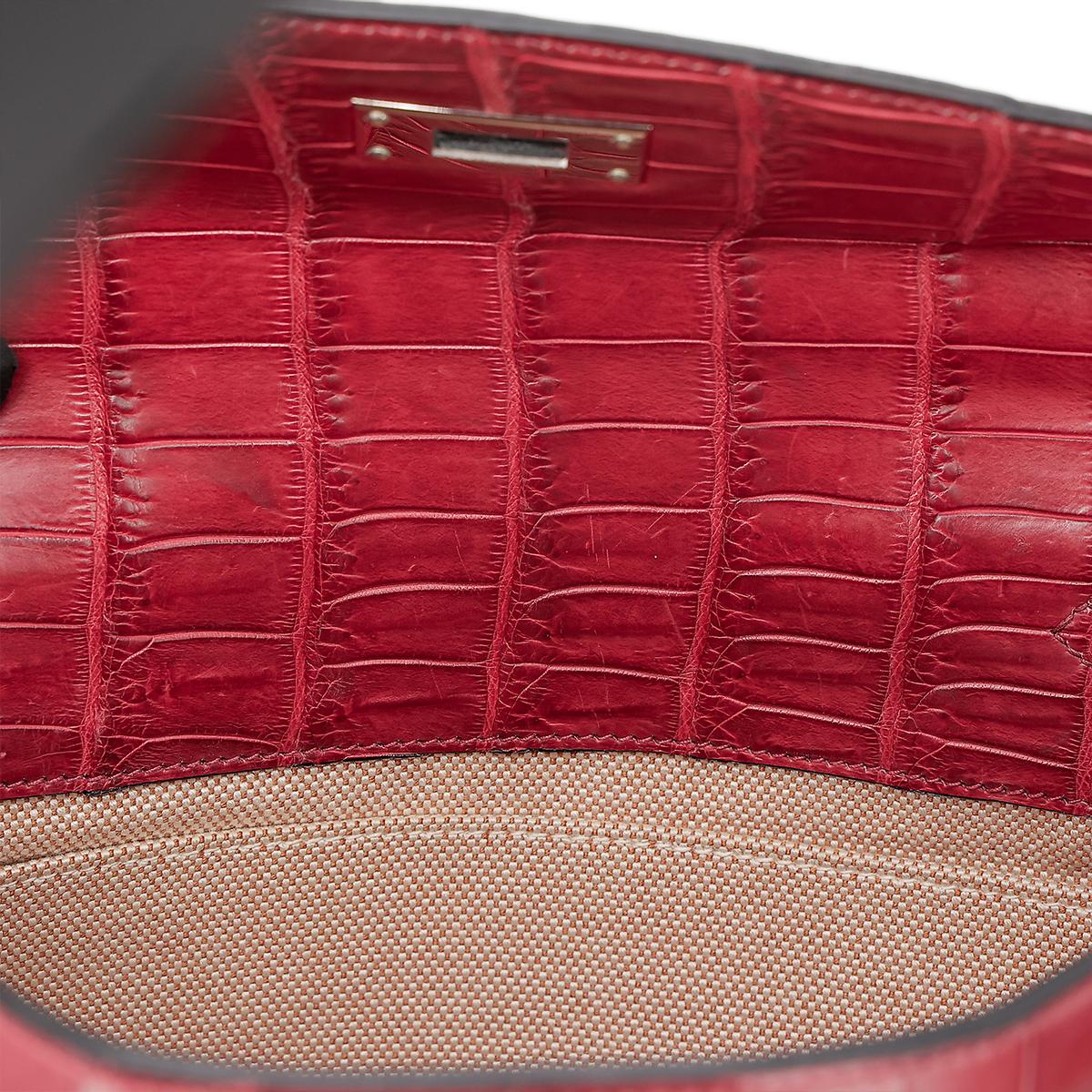 Good ( Rank AB) HERMÈS  Kelly 28 Rouge H (55)Matte Niloticus Crocodile Palladium - 19
