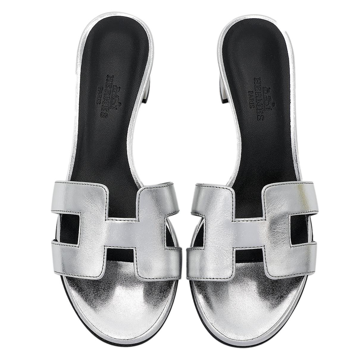Brand New ( Rank N ) HERMÈS Oasis Sandal Silver Black - 2