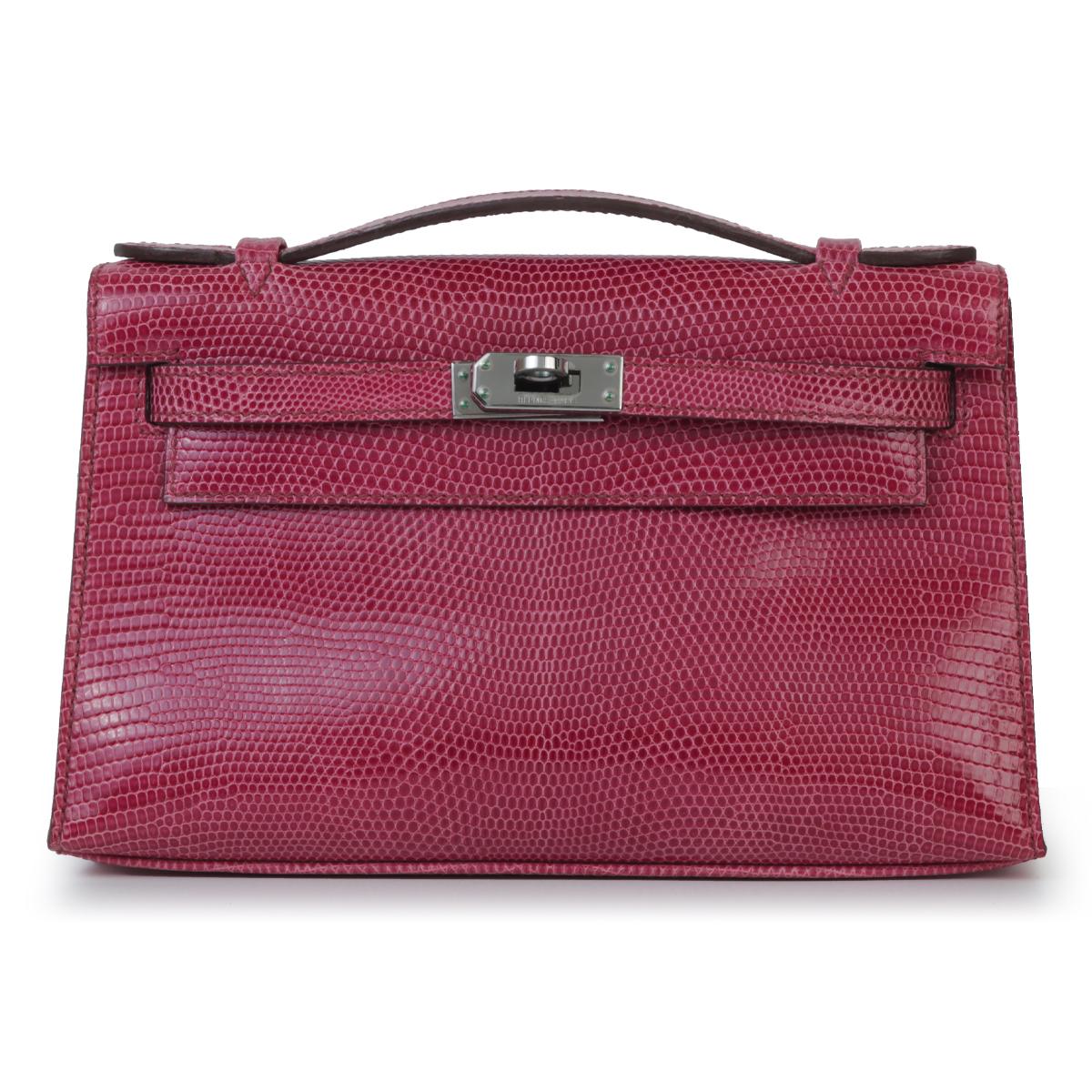 A美品 HERMÈS 爱马仕  Kelly Pochette 5J 艳桃粉 Fuchsia 蜥蜴皮 乌金扣 - 1