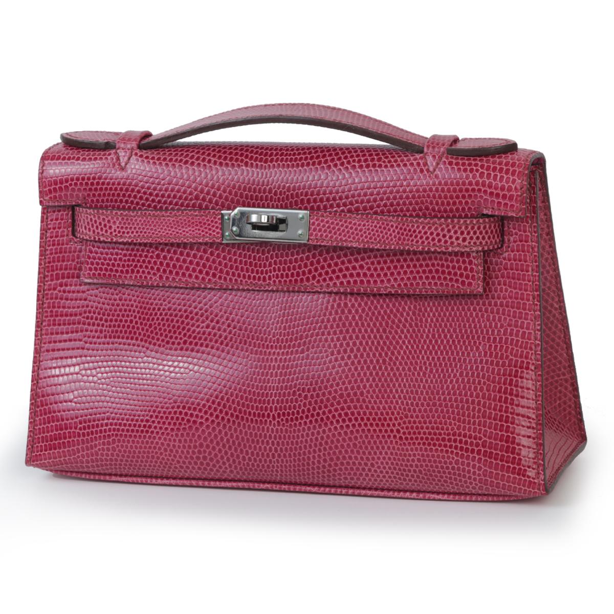 A美品 HERMÈS 爱马仕  Kelly Pochette 5J 艳桃粉 Fuchsia 蜥蜴皮 乌金扣 - 2
