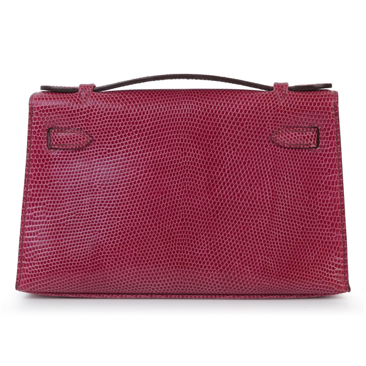 A美品 HERMÈS 爱马仕  Kelly Pochette 5J 艳桃粉 Fuchsia 蜥蜴皮 乌金扣 - 3