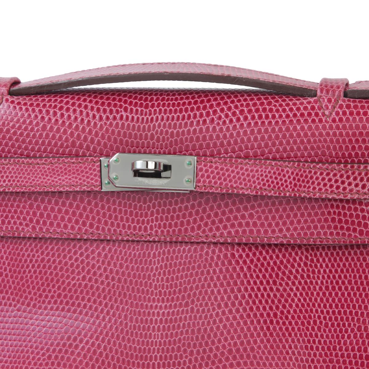 A美品 HERMÈS 爱马仕  Kelly Pochette 5J 艳桃粉 Fuchsia 蜥蜴皮 乌金扣 - 12