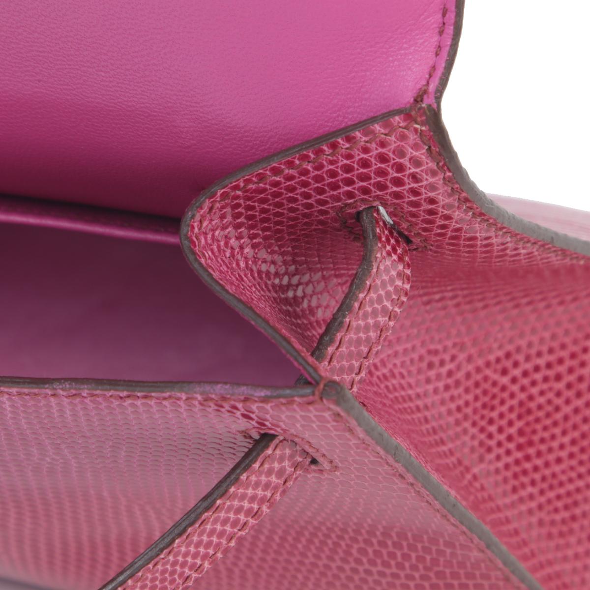 A美品 HERMÈS 爱马仕  Kelly Pochette 5J 艳桃粉 Fuchsia 蜥蜴皮 乌金扣 - 18