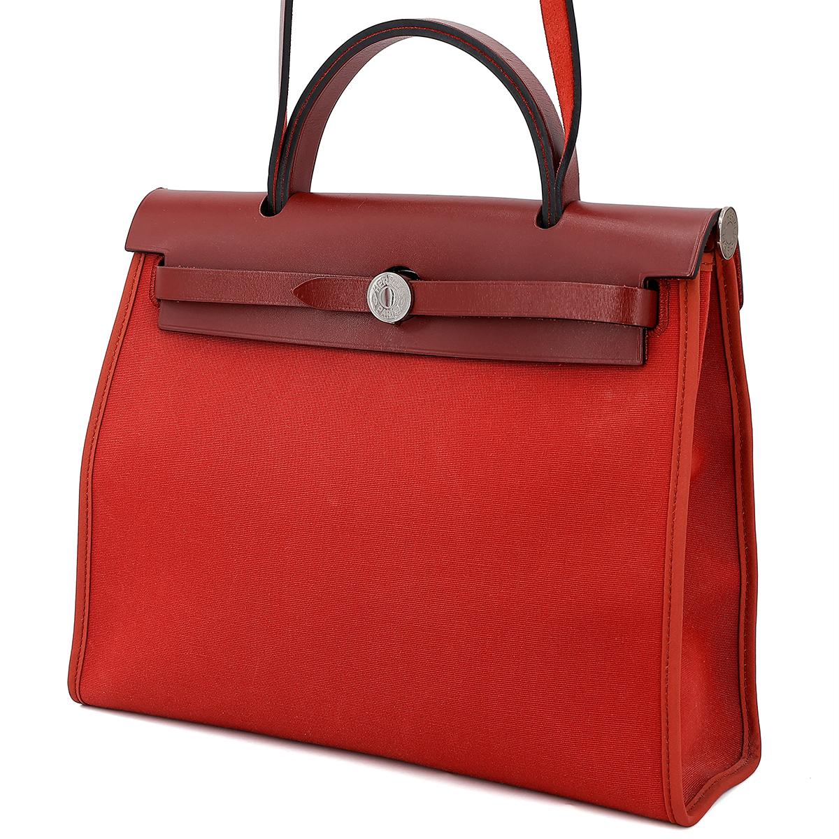A美品 HERMÈS 愛馬仕 Herbag PM 31 55 愛馬仕紅 Rouge H 帆布 皮质 銀扣 - 2