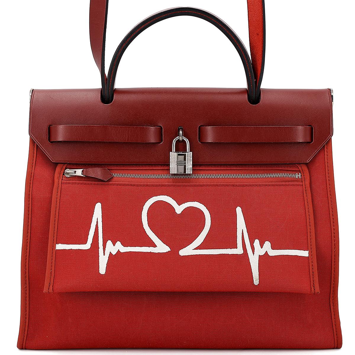 A美品 HERMÈS 愛馬仕 Herbag PM 31 55 愛馬仕紅 Rouge H 帆布 皮质 銀扣 - 3