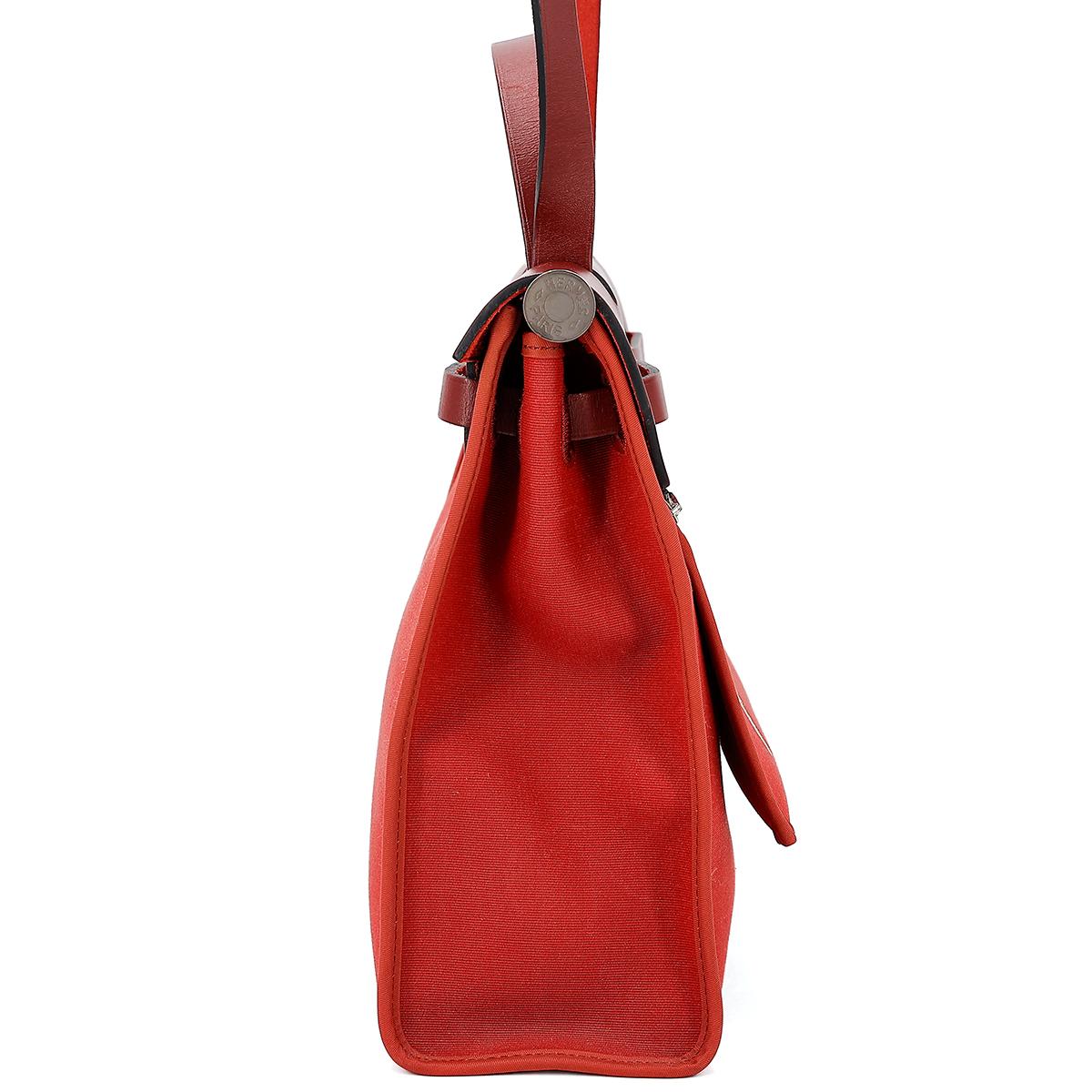 A美品 HERMÈS 愛馬仕 Herbag PM 31 55 愛馬仕紅 Rouge H 帆布 皮质 銀扣 - 4