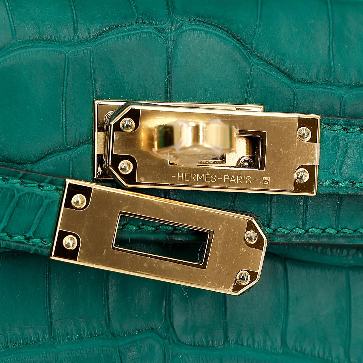 Unused ( Rank NS ) HERMÈS Mini Kelly II Malachite (Z6) Matte Alligator Gold hardware U (2022) - 12