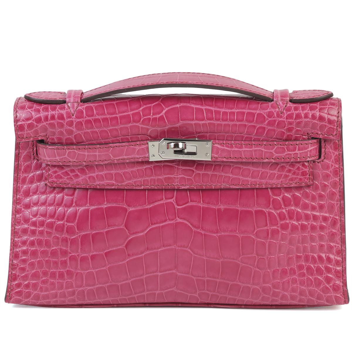 中古AB HERMÈS 爱马仕 Kelly Pochette E5 糖果粉 Rose Tyrien 短吻鳄 亮面 银扣 □M刻 2009年 - 1