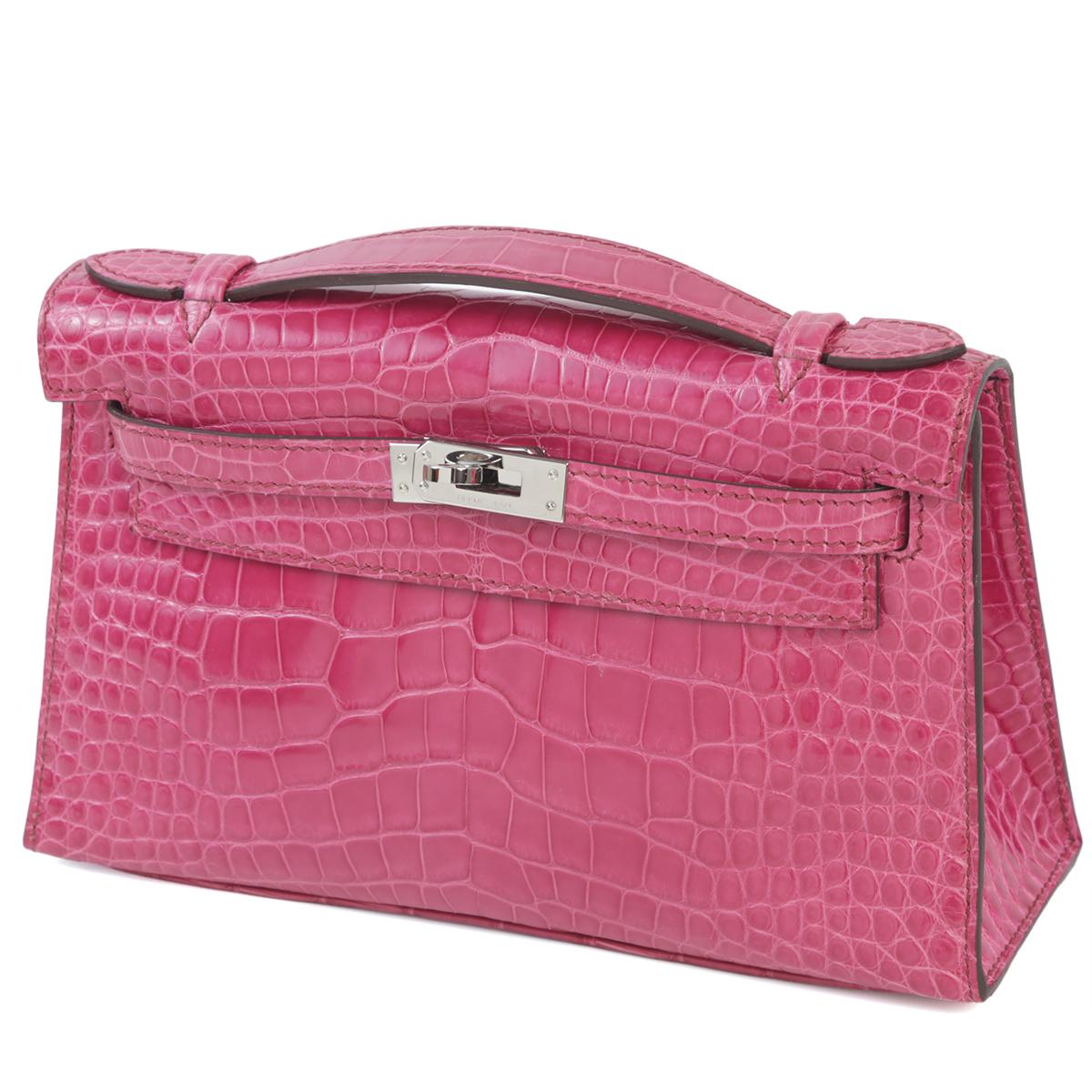 中古AB HERMÈS 爱马仕 Kelly Pochette E5 糖果粉 Rose Tyrien 短吻鳄 亮面 银扣 □M刻 2009年 - 2