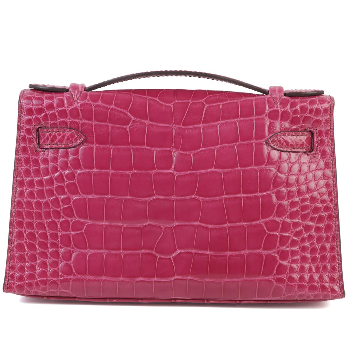 中古AB HERMÈS 爱马仕 Kelly Pochette E5 糖果粉 Rose Tyrien 短吻鳄 亮面 银扣 □M刻 2009年 - 3