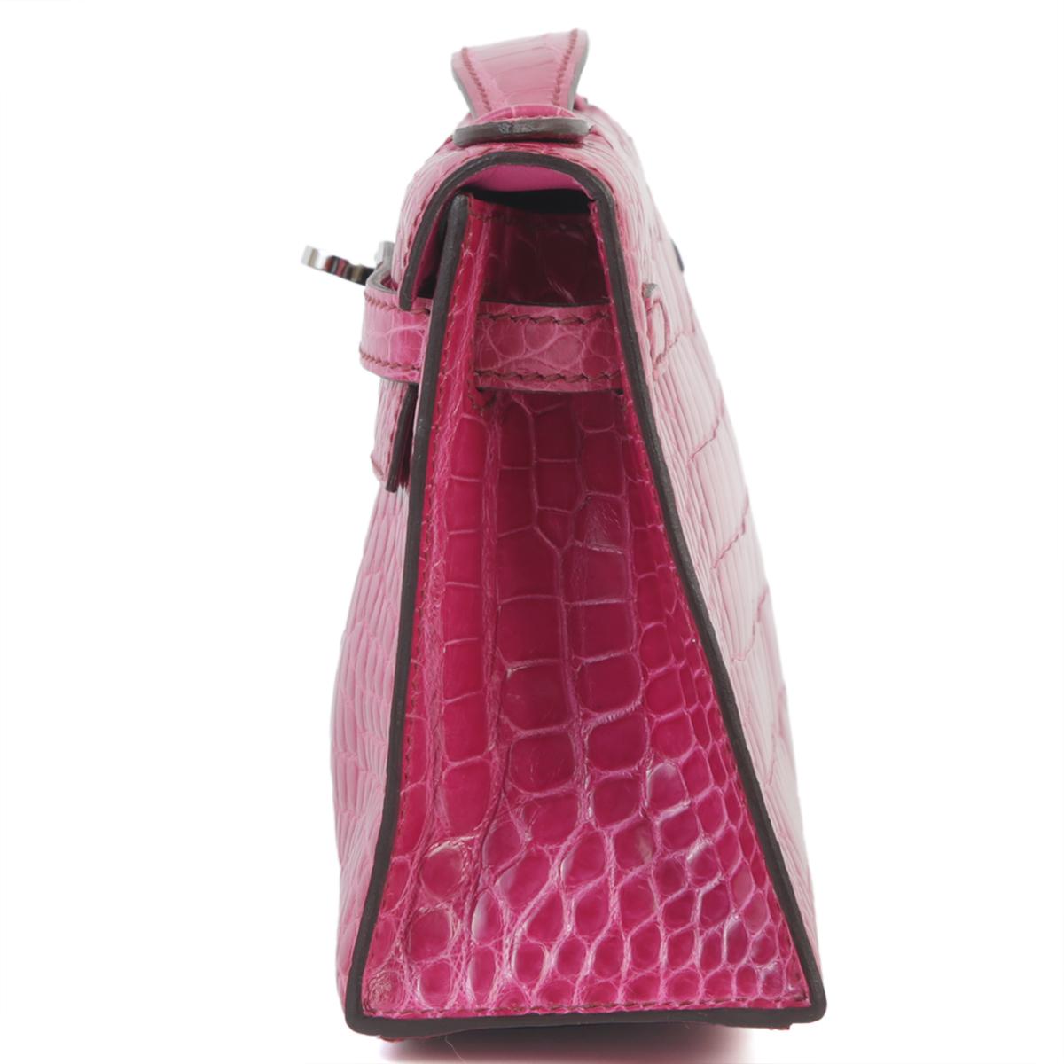 中古AB HERMÈS 爱马仕 Kelly Pochette E5 糖果粉 Rose Tyrien 短吻鳄 亮面 银扣 □M刻 2009年 - 4
