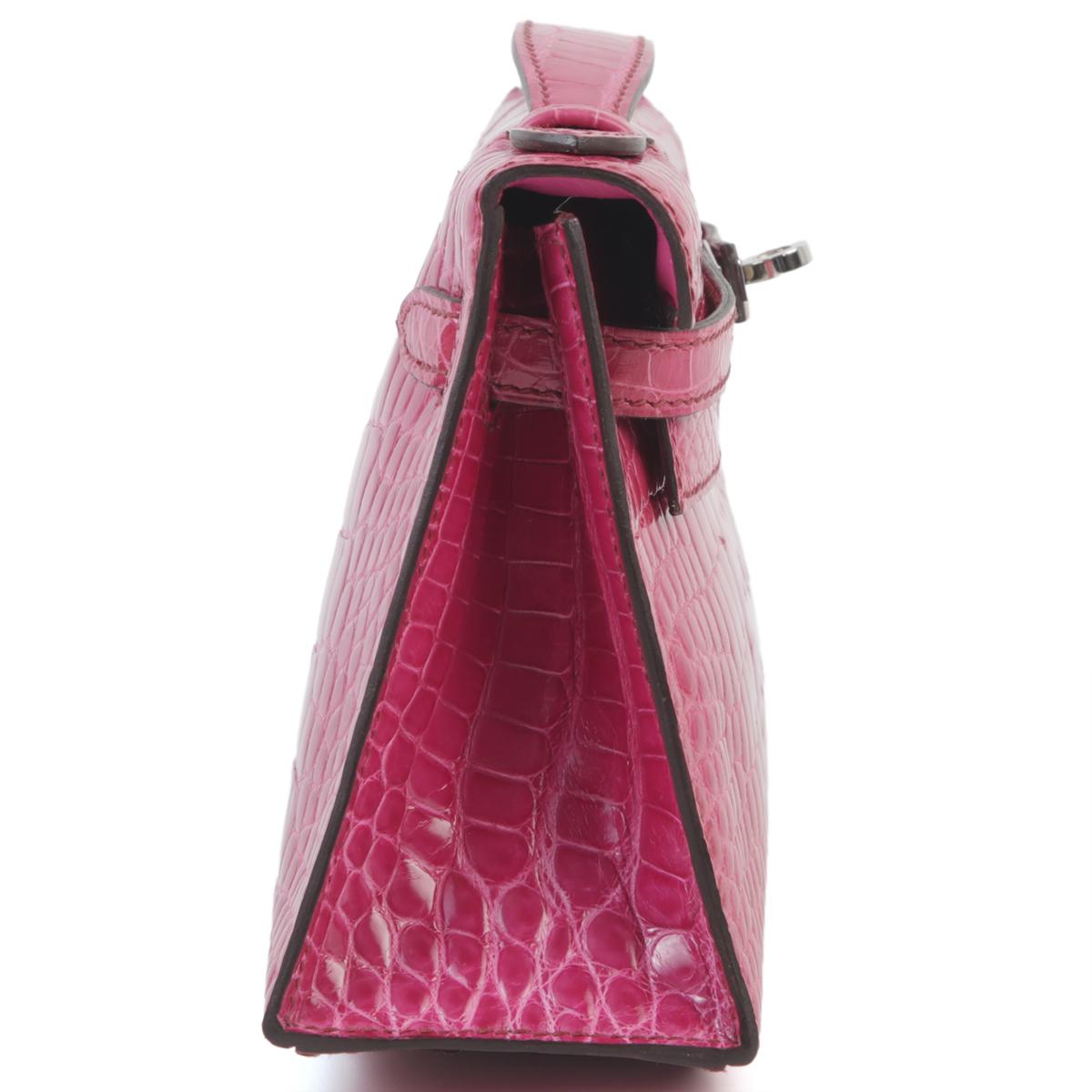 中古AB HERMÈS 爱马仕 Kelly Pochette E5 糖果粉 Rose Tyrien 短吻鳄 亮面 银扣 □M刻 2009年 - 5