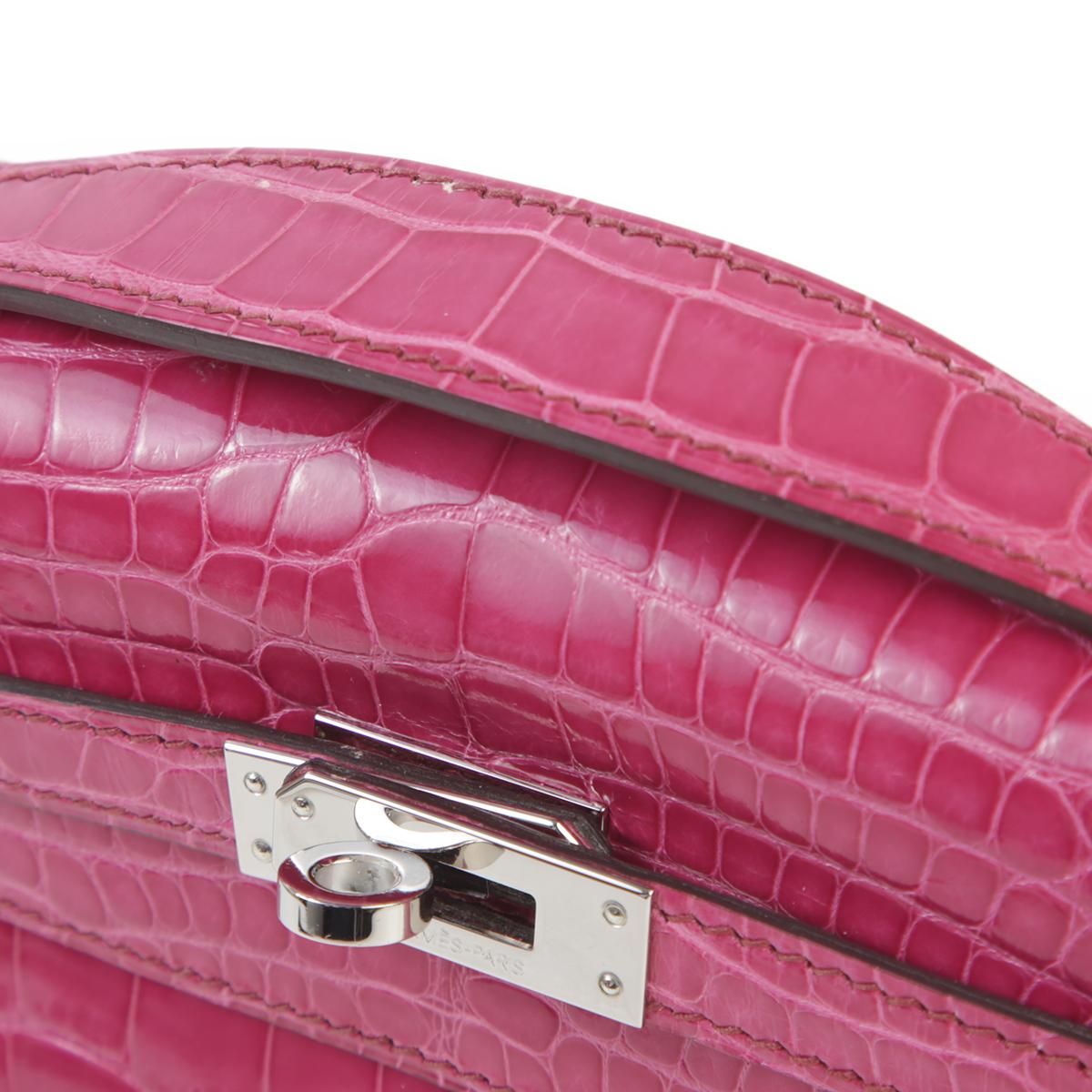 中古AB HERMÈS 爱马仕 Kelly Pochette E5 糖果粉 Rose Tyrien 短吻鳄 亮面 银扣 □M刻 2009年 - 6