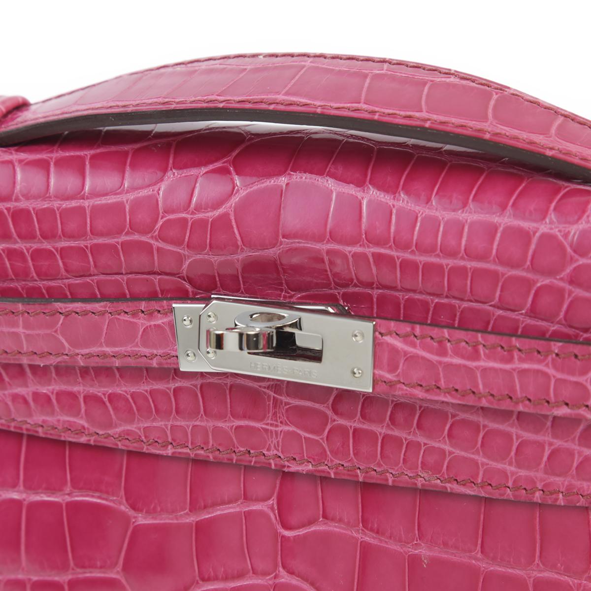 中古AB HERMÈS 爱马仕 Kelly Pochette E5 糖果粉 Rose Tyrien 短吻鳄 亮面 银扣 □M刻 2009年 - 12