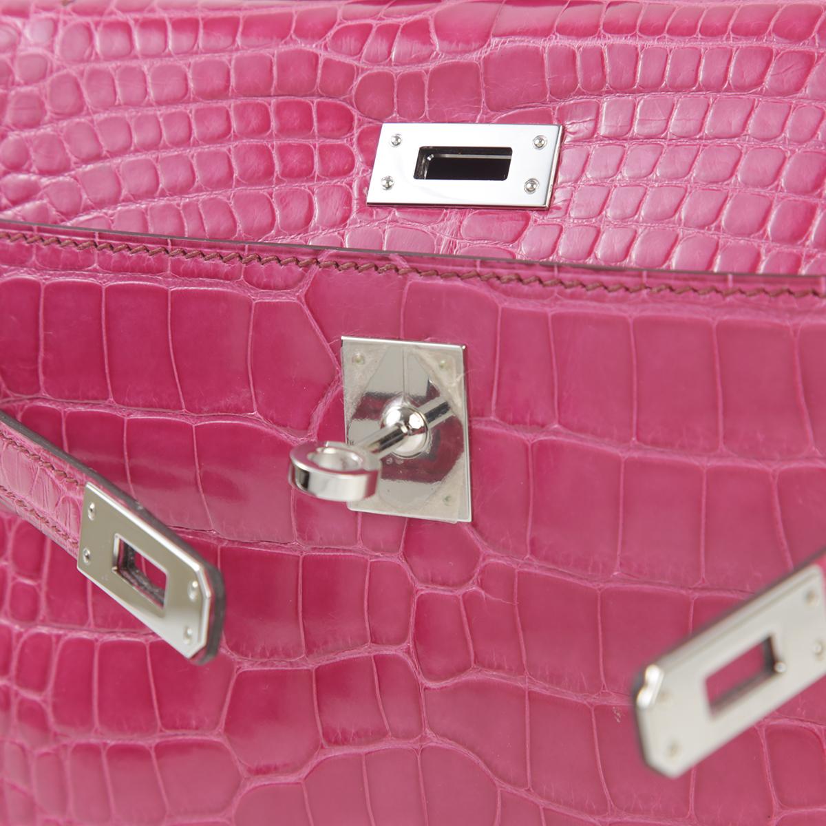 中古AB HERMÈS 爱马仕 Kelly Pochette E5 糖果粉 Rose Tyrien 短吻鳄 亮面 银扣 □M刻 2009年 - 13
