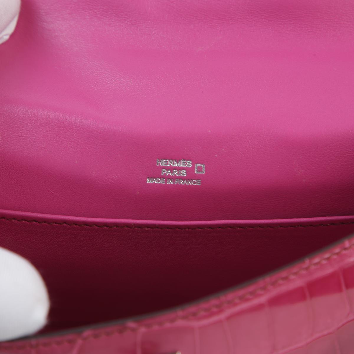 中古AB HERMÈS 爱马仕 Kelly Pochette E5 糖果粉 Rose Tyrien 短吻鳄 亮面 银扣 □M刻 2009年 - 15