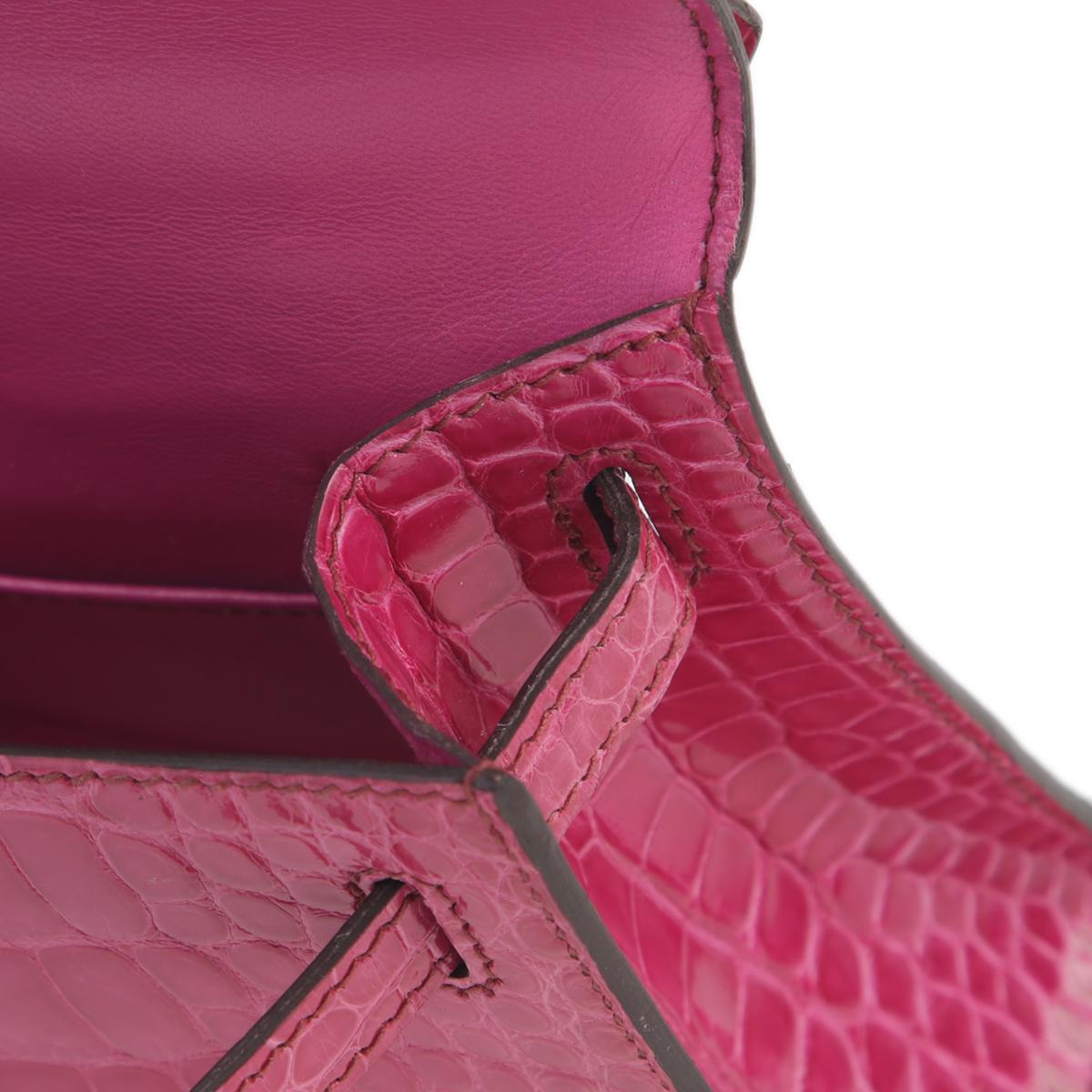 中古AB HERMÈS 爱马仕 Kelly Pochette E5 糖果粉 Rose Tyrien 短吻鳄 亮面 银扣 □M刻 2009年 - 19