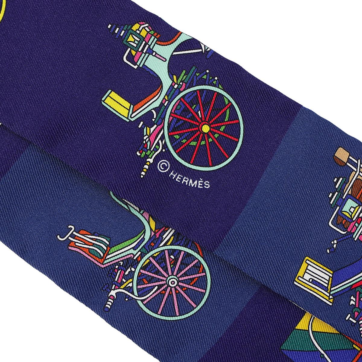全新 HERMÈS 愛馬仕 Twilly Voitures Exquises 白色 藍色 絲帶 真絲 - 4