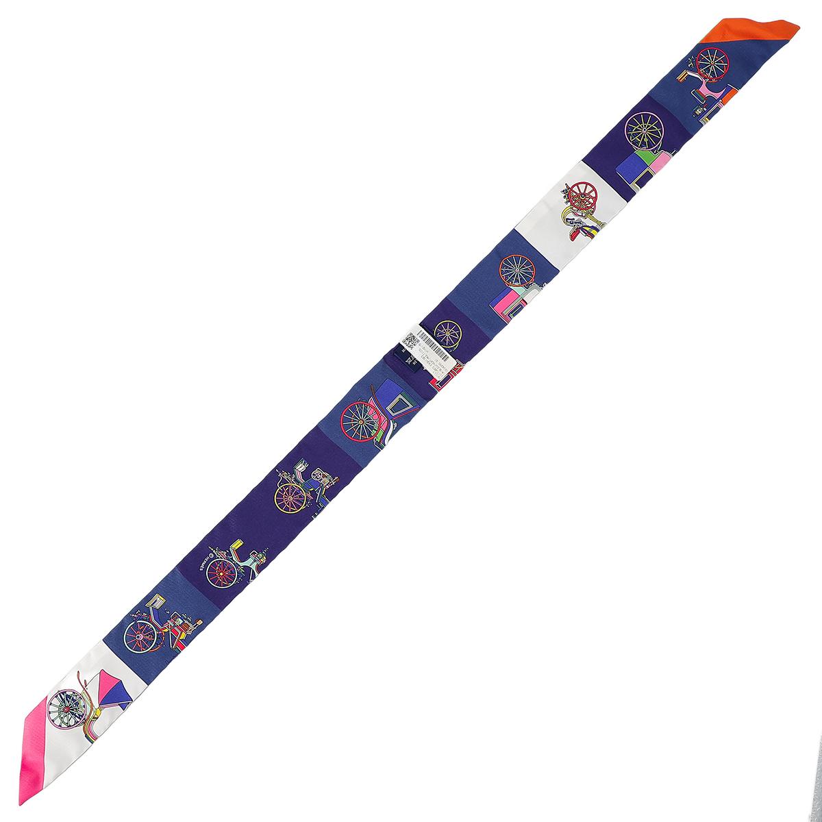 全新 HERMÈS 愛馬仕 Twilly Voitures Exquises 白色 藍色 絲帶 真絲 - 6