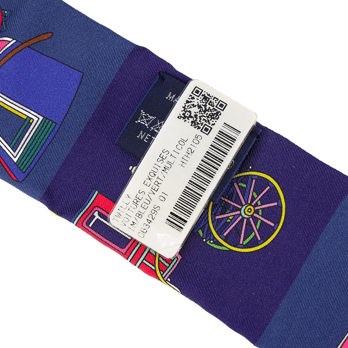 全新 HERMÈS 愛馬仕 Twilly Voitures Exquises 白色 藍色 絲帶 真絲 - 7