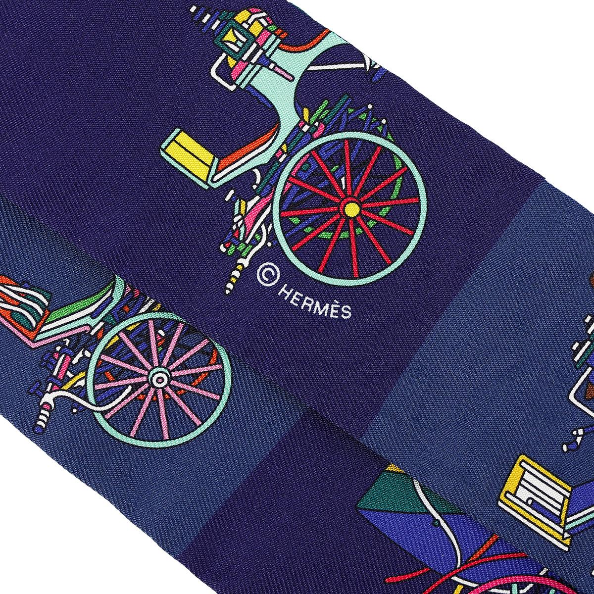 全新 HERMÈS 愛馬仕 Twilly Voitures Exquises 白色 藍色 絲帶 真絲 - 4