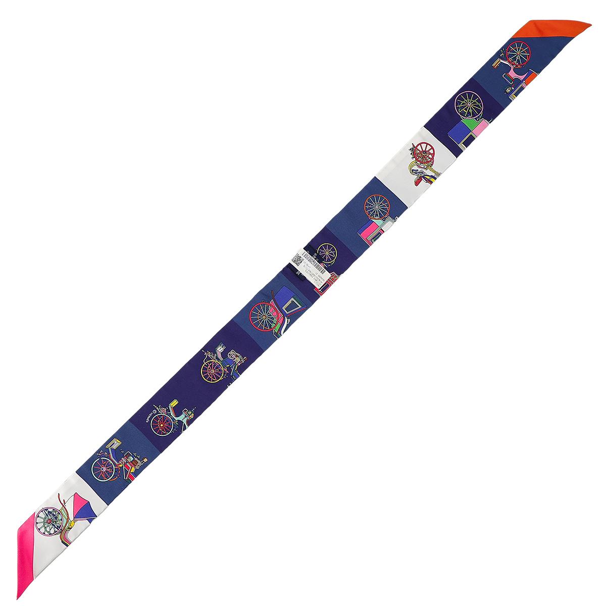 全新 HERMÈS 愛馬仕 Twilly Voitures Exquises 白色 藍色 絲帶 真絲 - 6