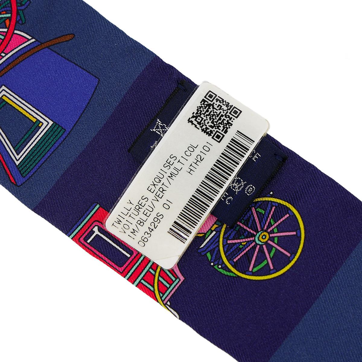 全新 HERMÈS 愛馬仕 Twilly Voitures Exquises 白色 藍色 絲帶 真絲 - 7