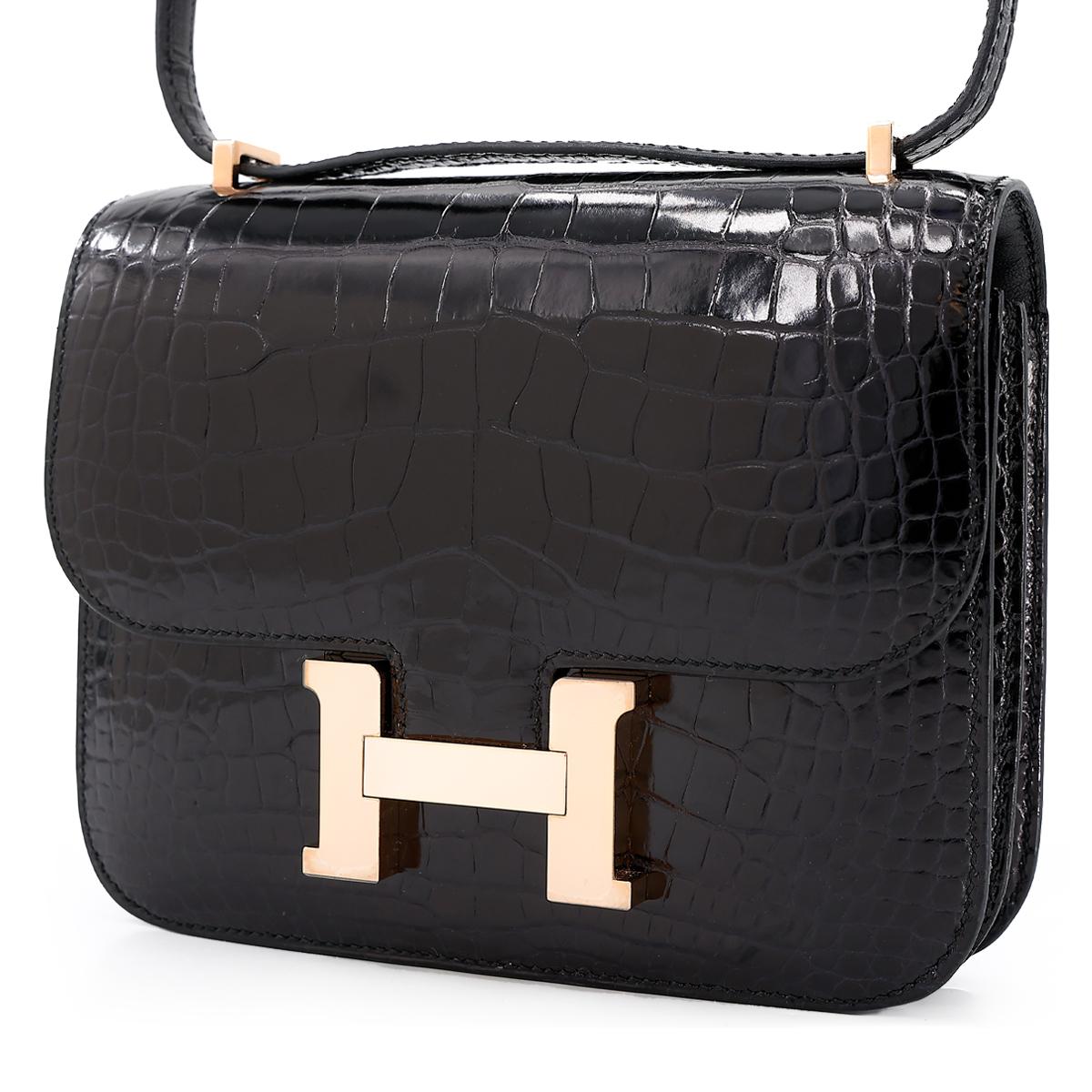 ランク SA HERMÈS エルメス コンスタンス3 ミニ ブラック クロコダイル アリゲーター ピンクゴールド金具 C刻印 - 2