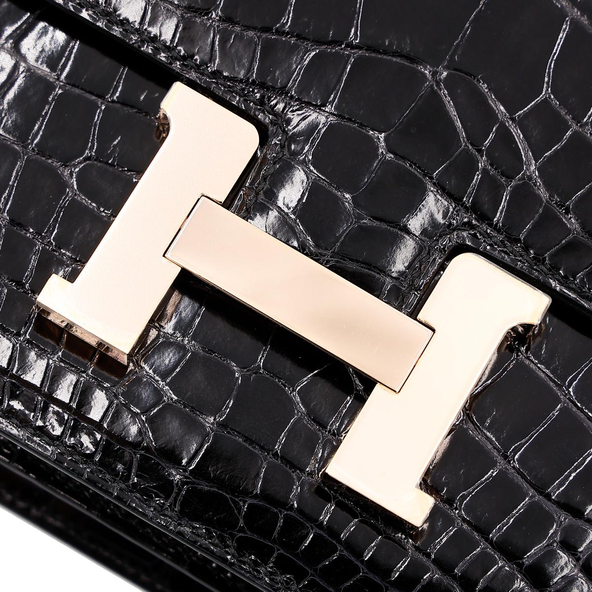 ランク SA HERMÈS エルメス コンスタンス3 ミニ ブラック クロコダイル アリゲーター ピンクゴールド金具 C刻印 - 13