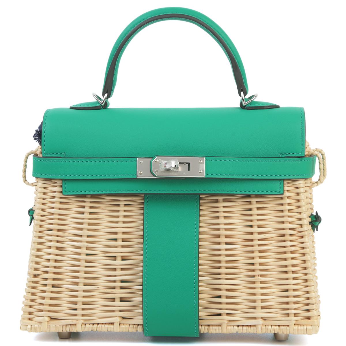 Unused ( Rank NS ) HERMÈS Limited Edition Kelly Picnic Mini Vert Verone (U1) Swift Osier Wicker Palladium hardware B (2023) - 1