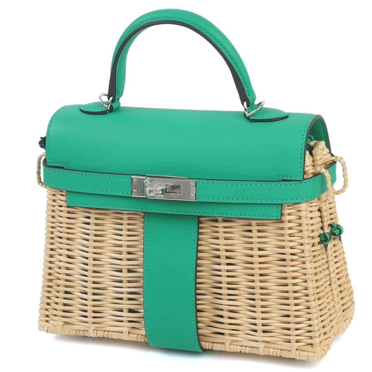 Unused ( Rank NS ) HERMÈS Limited Edition Kelly Picnic Mini Vert Verone (U1) Swift Osier Wicker Palladium hardware B (2023) - 2