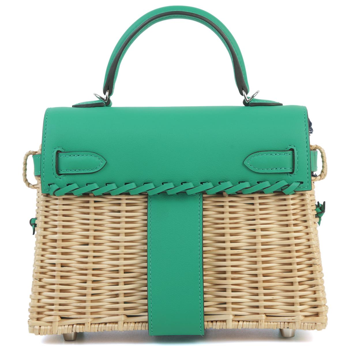 Unused ( Rank NS ) HERMÈS Limited Edition Kelly Picnic Mini Vert Verone (U1) Swift Osier Wicker Palladium hardware B (2023) - 3